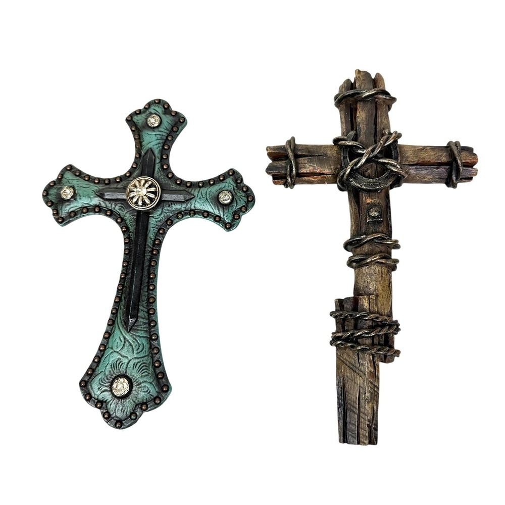 Western Wall Cross Set 2 Piece Turquoise Rhinestone Concho & Rustic Wood Rope